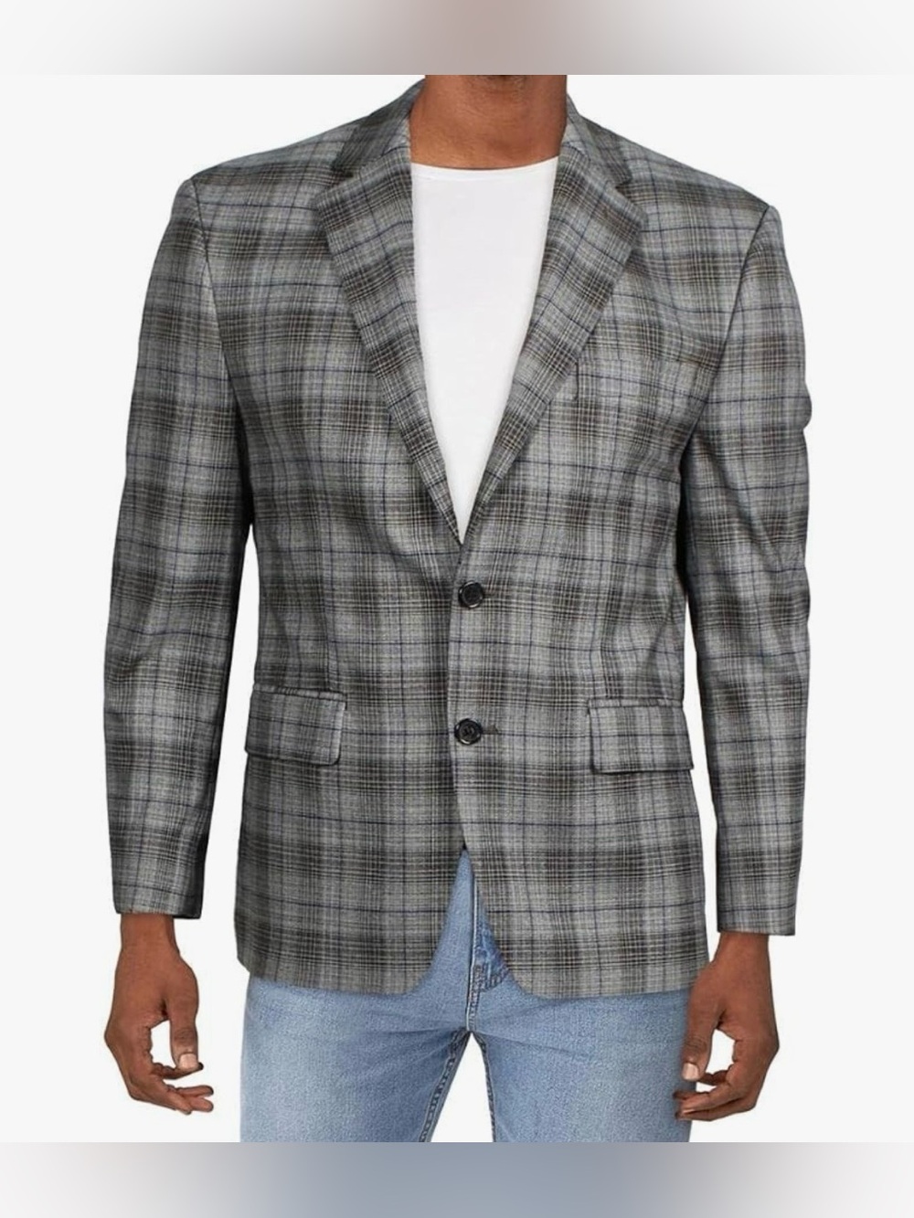 Ralph Lauren Gray Plaid Blazer with Subtle Black and Blue Windowpane